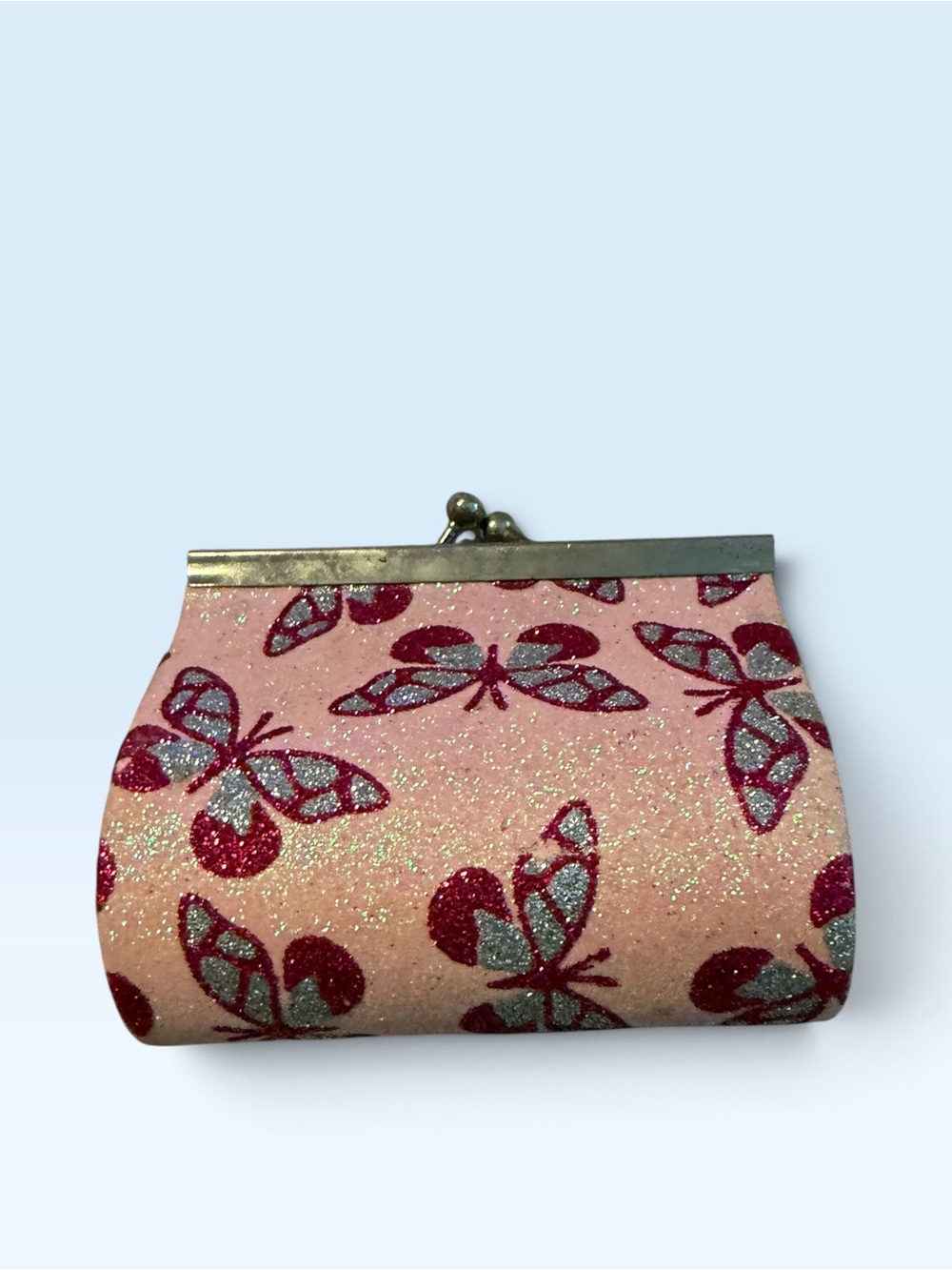 Pink Glitter Butterfly Kiss-Lock change purse